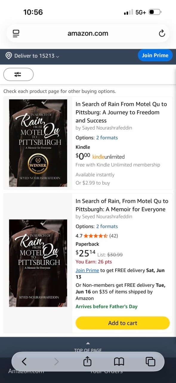 Amazon product page for In Search of Rain showing its book listing