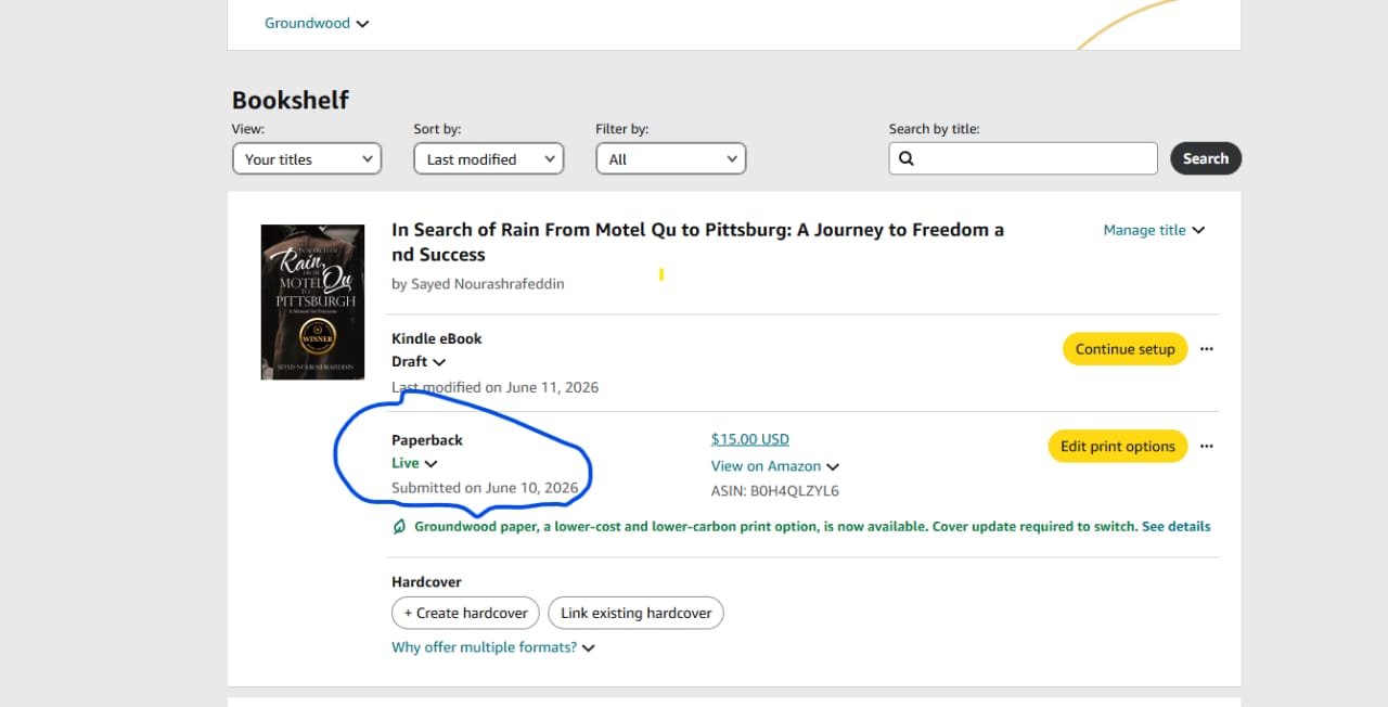 KDP dashboard showing the paperback published and live