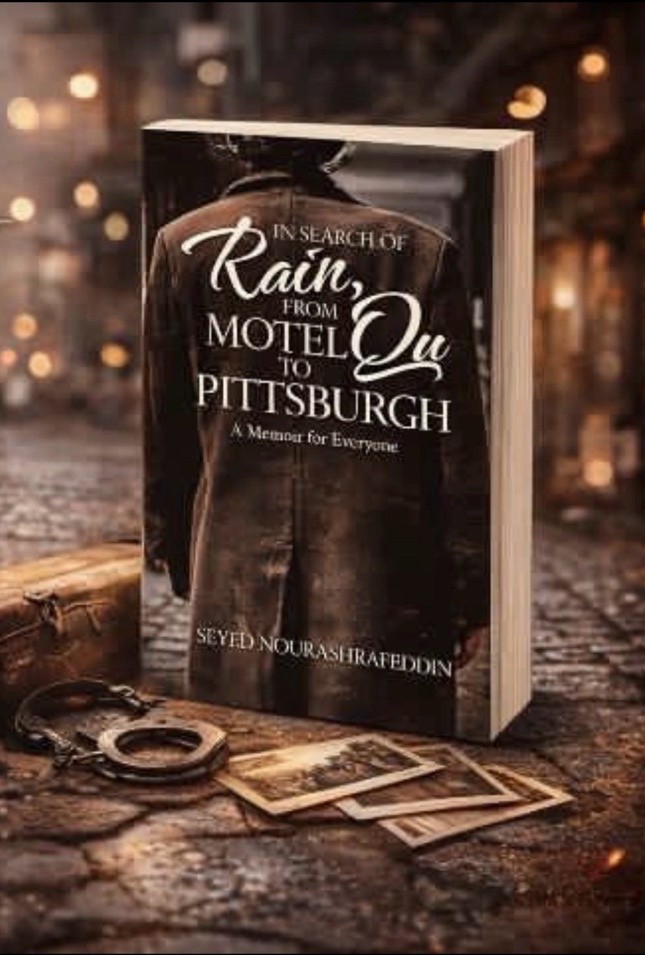 Promotional mockup of the paperback In Search of Rain, From Motel Qu to Pittsburgh by Seyed Nourashrafeddin